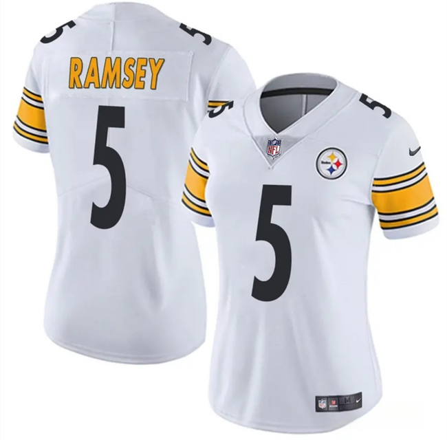 Women's Pittsburgh Steelers #5 Jalen Ramsey White 2025 Vapor Untouchable Limited Stitched Football Jersey(Run Small)